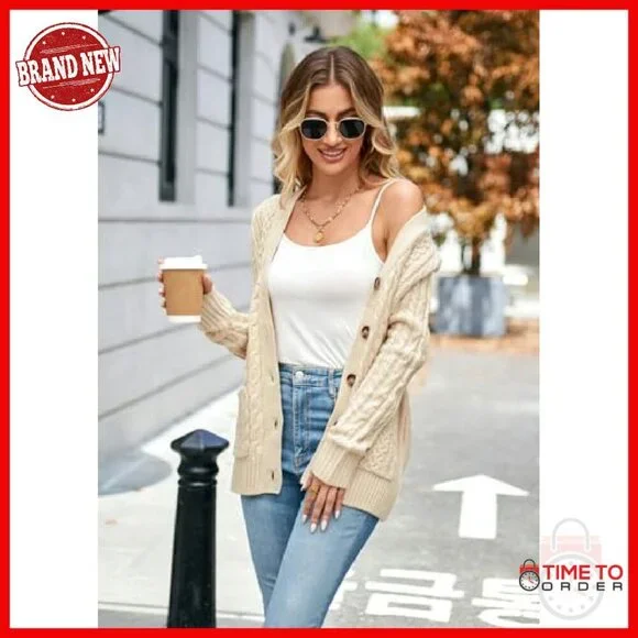 Chunky Cable Knit Cardigan Open Front Button Down Pockets Women's Sweater - Picture 6 of 8